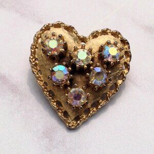 Gold Heart Shaped Brooch PENDANT Swarovski Rivoli Aurora Borealis Crystals